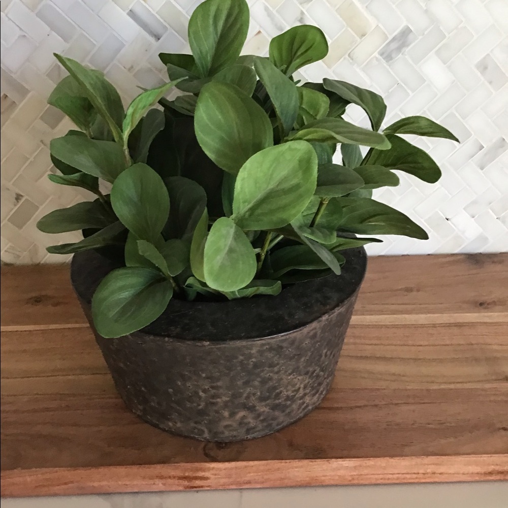 Faux Floral In Brown Rustic Hammered Metal Planter